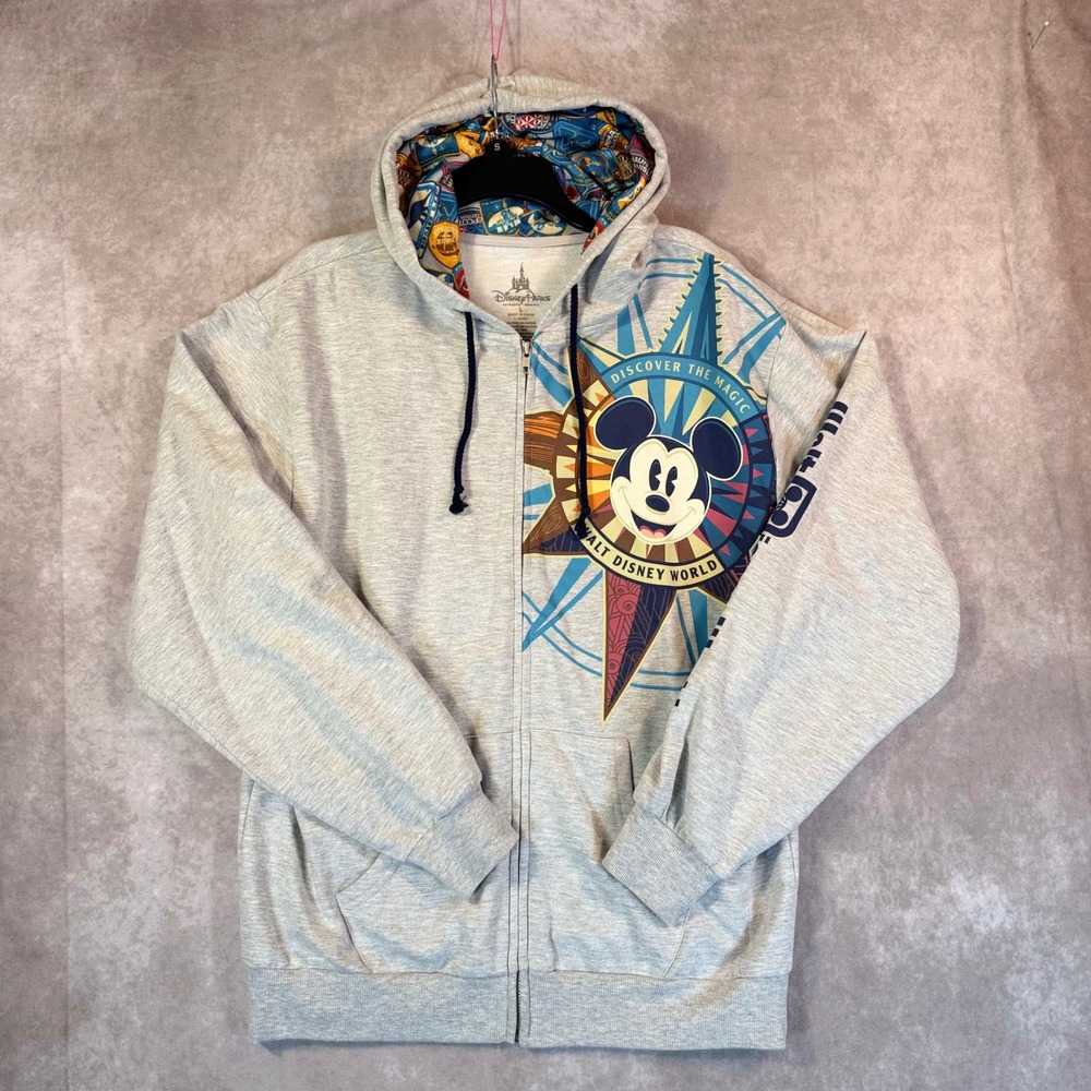 Disney Parks Zip Hoodie Women L Gray Mickey Walt Disney World Graphic Compass